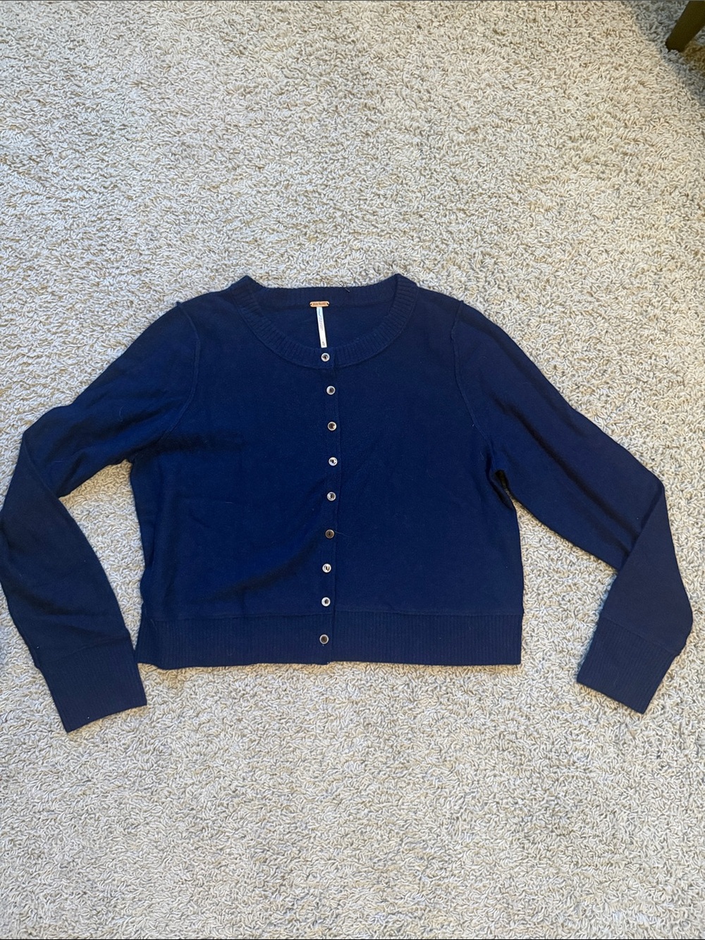 Free People Deep Navy Wool-Cashmere Button-Up Crew Cardigan